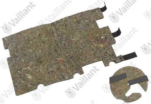 Vaillant Isoliermaterial aus verdichtetem, farbigen Recycling-Material, bestehend aus einer flachen Platte und einem kreisförmigen Bestandteil mit Halterungen.